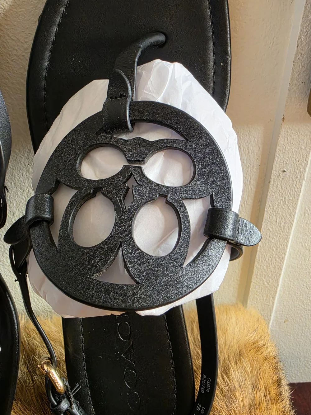 Coach Women's Black Leather Cutout Logo Sandals